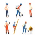 Man Builder Character in Overall and Hard Hat Building House Vector Set