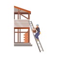 Man Builder Character with Toolbox Climbing Up the Ladder to House Roof Top Vector Illustration Royalty Free Stock Photo