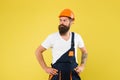 Man builder hard hat. Creativity and practice. Major renovation places strong emphasis natural materials and Royalty Free Stock Photo