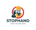 Man builder in helmet and reflective vest gesturing with stop hand in red circle, logo design. Construction, road works, warning s