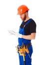 Man builder with set of construction tools, isolated Royalty Free Stock Photo