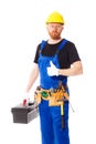 Man builder with set of construction tools, isolated Royalty Free Stock Photo