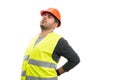 Man builder touching painful lower back wearing vest and hardhat Royalty Free Stock Photo