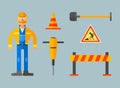 Man Builder in Uniform and Hard Hat at Construction Area Site with Shovel, Barrier and Road Cone Vector Set