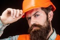 Man builders, industry. Bearded man worker with beard in building helmet or hard hat. Portrait builder, civil engineer