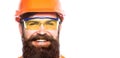 Man builders, industry. Building glasses. Portrait of a builder smiling. Builder in hard hat, foreman or repairman in Royalty Free Stock Photo