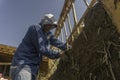 man building a wall with bioconstruction techniques Royalty Free Stock Photo