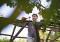 Man building wooden roof working with hammer Royalty Free Stock Photo