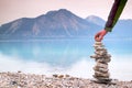 Man built pyramid from pebbles. Balanced stones pyramide memories Royalty Free Stock Photo