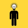 Man with bulb and lightbulb insteadn of head. Creative and innovative person with ideas, inspiration, imagination and progressive