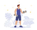 Man bulky exercise with dumbell with modern flat style