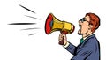 man with bullhorn megaphone loudspeaker. advertising announcement cry information concept