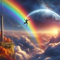 A man bungee jumping off a cloud and into a rainbow, photorelis