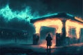 A man burning a gas station at night, under the dim light of the streetlamps, with cars parked in the background Royalty Free Stock Photo