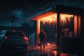 A man burning a gas station at night, under the dim light of the streetlamps, with cars parked in the background Royalty Free Stock Photo