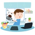 Man burnt food at his home by learning recipe from by using recipe from the internet vector illustration.