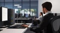 High-quality image of an IT support specialist troubleshooting computer issues in a tech-focused office