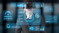 Man in Business Attire Using Virtual Reality Headset Surrounded by Data Analytics and AI Interfaces in Modern Office Royalty Free Stock Photo