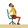 Man in business clothes is doing exercises for back on the office chair. Businessman in healthy backbend pose. Royalty Free Stock Photo