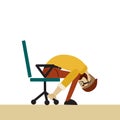 Man in business clothes is doing exercises for back on the office chair. Businessman in healthy forward bend pose.