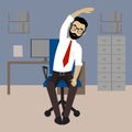 Man in business clothes is doing exercises for back on the office chair. Royalty Free Stock Photo