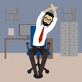 Man in business clothes is doing exercises for back on the office chair. Royalty Free Stock Photo