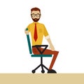 Man in business clothes is doing exercises for back on the office chair. Businessman in healthy twist pose. Royalty Free Stock Photo