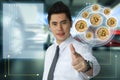 man business finger pointing tecnology bit coin in blurry car of Royalty Free Stock Photo