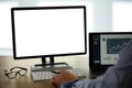 Man of business man hand working on laptop computer on wooden desk Laptop with blank screen on table Royalty Free Stock Photo