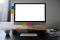 Man of business man hand working on laptop computer on wooden desk Laptop with blank screen on table Royalty Free Stock Photo