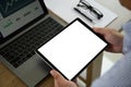 Man of business man hand working on laptop computer on wooden desk Laptop with blank screen on table Royalty Free Stock Photo