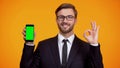 Man of business showing smartphone with green screen and ok gesture, cash-back