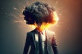 Man in a business suit with a blown head. The concept of mental overload, business, stress at work, brain drain