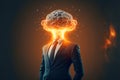 Man in a business suit with a blown head. The concept of mental overload, busyness, stress at work, brain drain. Generative AI