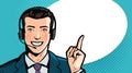 Man in business suit or businessman with headset says. Call center, support, service concept. Cartoon illustration