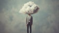 A man in a business suit with a cloud for a head, symbolizing deep thought or confusion, set against a serene sky background Royalty Free Stock Photo