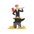 Man in a business suit forging money on the anvil, make money concept vector Illustration Royalty Free Stock Photo