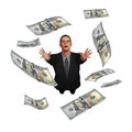 A Man In A Business Suit Grasps For Hundred Dollar Bills That Swirl Overhead I