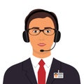 Man in a business suit, in headphones with microphone and name tag badge. Operator of call center office at work. Webinar, video c
