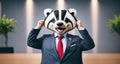 A man in a business suit holding a stuffed animal, possibly a raccoon.