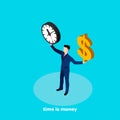 A man in a business suit holds a clock and a dollar sign in his hands Royalty Free Stock Photo