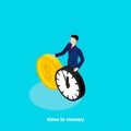 A man in a business suit holds a clock and a dollar sign in his hands Royalty Free Stock Photo