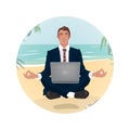 Businessman hovering in lotus pose on beach