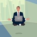 Businessman hovering in office in lotus pose