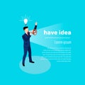 A man in a business suit with a loudspeaker in his hands and a light bulb over his head, there is an idea Royalty Free Stock Photo