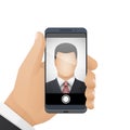 Man in a business suit makes a selfie photo on smartphone. Modern smartphone in male hands. Vector illustration Royalty Free Stock Photo