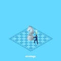 A man in a business suit moves a horse on a chessboard