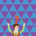 Man in Business Suit Raising Both Arms Upward Looking Confused and Question Marks Above his Head. Creative Background