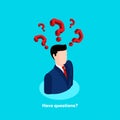 A man in a business suit and a red tie, question marks over his head Royalty Free Stock Photo