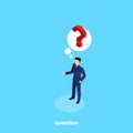 A man in a business suit and a red tie, question marks over his head Royalty Free Stock Photo